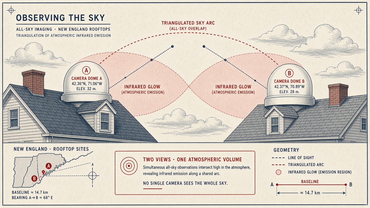 Stylized all-sky camera triangulation diagram